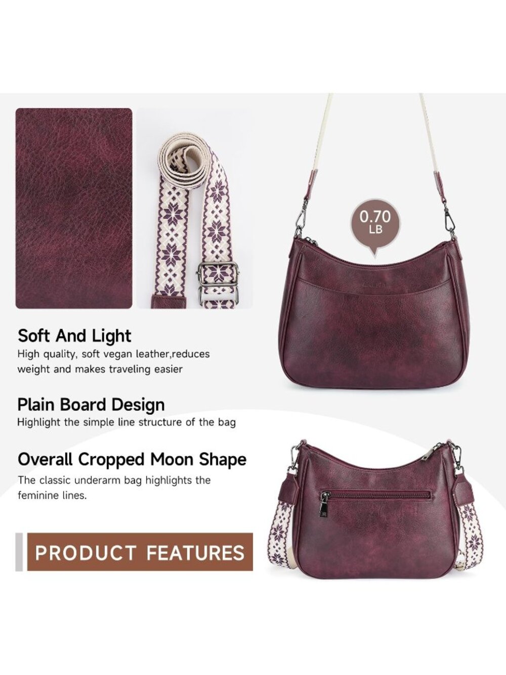 👜Women's Grape Leather Crossbody Purse Shoulder Bag Wide Strap Travel - Picture 5 of 6